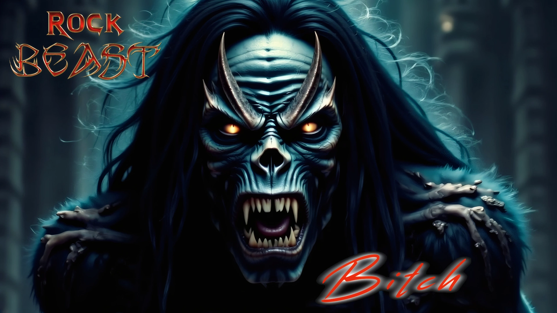 Official 4K cinema music video artwork for Bitch, close up of roaring blue Beast with fangs, featuring the Rock Beast logo