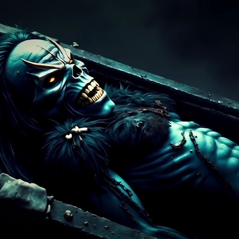4K cinematic music video still from Breathe, featuring a blue muscular creature with fangs, glowing yellow eyes, and long hair lying inside an ancient open coffin