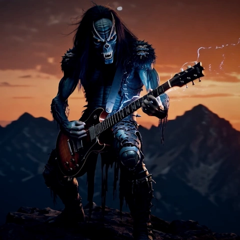 4K cinema movie still from Dreams & Surreality, showing the Rock Beast playing an electric guitar with lightning sparks on a mountain peak during an apocalyptic orange sunset