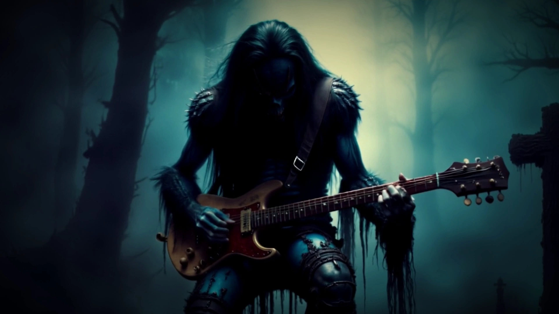 Rock Beast guitarist playing an electric guitar in a dark, misty graveyard surrounded by spooky trees and gothic crosses